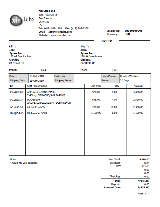 sample invoice sheet